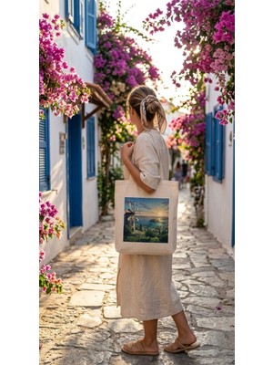 Fi Hediyelik Bodrum Temalı Çiçekli Illüstrasyon Baskılı Ham Bez Tote Bag Plaj Yazlık Günlük Çanta
