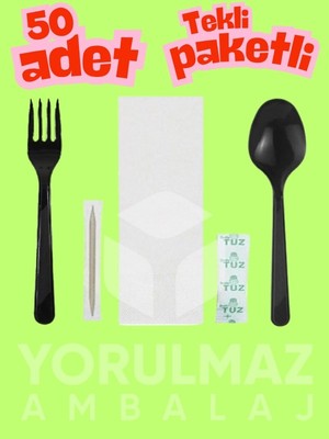 Yorulmaz Ambalaj 50’li Siyah Lüks Tekli Ambalajlı Yemek Seti – Hijyenik, Pratik, Premium Kalite (Kaşık Çatal Peçete Tuz Kürdan)
