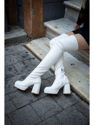 Ayakkabı Ateşi Beyaz Cilt Streç Tasarım Çift Platform Kadın Ayakkabı Emery