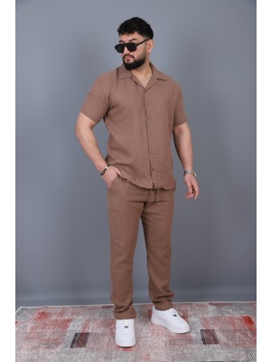 L-KOM Erkek Kısa Kollu Müslin Gömlek Pantolon Takım Pamuklu Yazlık Rahat Alt Üst Takım