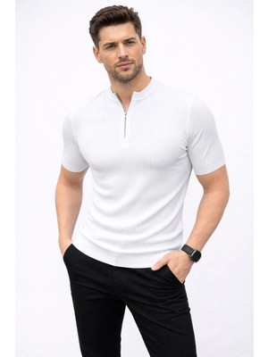 Marsilyan Erkek Kısa Kol Fitilli Triko T-Shirt Yazlık Hakim Yaka Tişört - Beyaz
