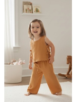 Cantoy Kız Çocuk Müslin Görünümlü Keten Bluz ve Geniş Paça Pantolon Takım