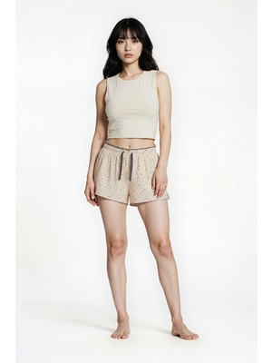 Ecrou Kadın Sarı Ay Yıldız Desenli Yumuşak Doku Tek Pijama Şort