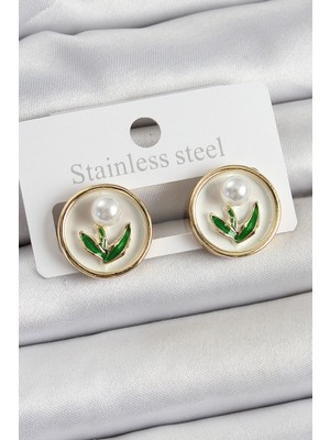 Store Mania Ieg™ Pirinç Beyaz Mineli Lale Figürlü Sanatsal Portre Model Gold Renk Kadın Küpe