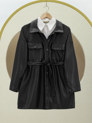 Modamorfo Beli Bağlamalı Çift Cepli Deri Gömlek -Siyah