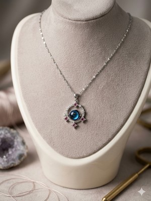 Lia Charm Mistik Galaksi Temalı Mavi Kristal Kolye - Gümüş Kaplama Vintage Kadın Kolye