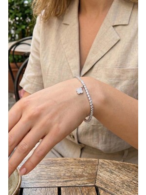 Lykos Yonca Model Zirkon Taşlı Gümüş Renk Asansörlü Su Yolu Bileklik