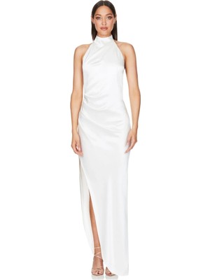 Hanife Glam Couture Hanife Glam Halter Yaka  Asetat Uzun Saten Elbise