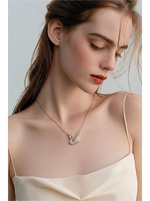 Lykos Çelik Zincir Altın Renk Zirkon Taşlı Kuğu Kolye