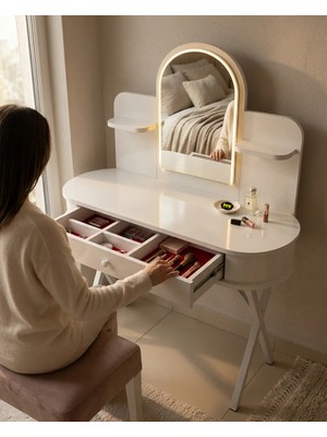 Hey Modüler Mobilya Mira LED Işıklı Aynalı Makyaj Masası Tuvalet Masası Çekmeceli Takı Düzenleyici Organizer Beyaz Metal