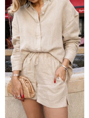 Ru Collective Kadın Uzun Kollu Salaş Gömlek ve Şort Keten Ikili Takım