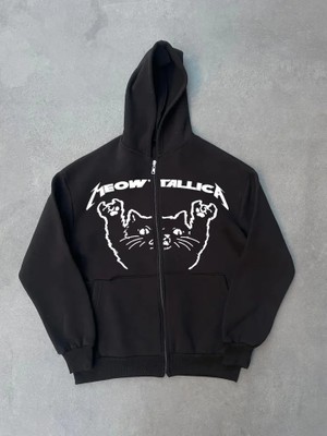 Ru Collective Kışlık Baskılı Fermuarlı Kapüşonlu Hırka - Siyah