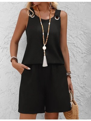 Ru Collective Kadın Askılı Yuvarlak Yaka Kuş Gözü Detaylı Bürümcük Bluz ve Short Ikili Takım