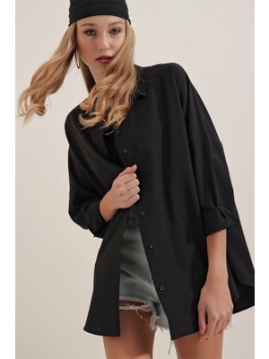 Ru Collective Siyah Oversize Uzun Basic Gömlek 3900