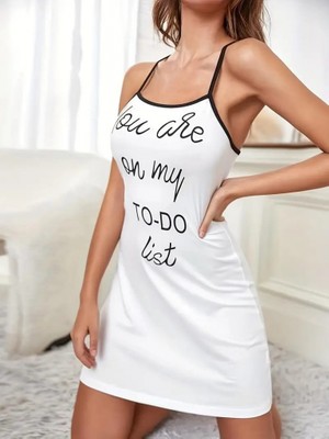 Ru Collective Kadın Kolsuz Askılı Sırt Çapraz Detay To Do List Baskı Süprem Gecelik Elbise