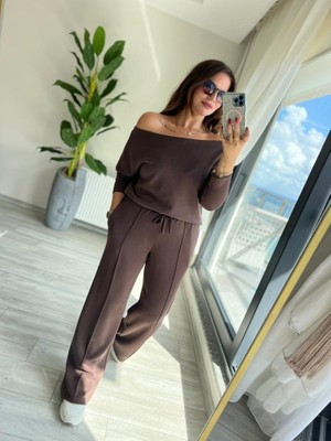 Ru Collective Kadın Uzun Kollu Tek Omuzdan Açık Modal Bluz ve Pantolon Ikili Takım