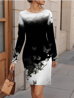 Ru Collective Kadın Uzun Kollu Bisiklet Yaka Çiçek Desenli Kısa Şardonlu Dalgıç Elbise