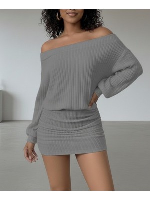 Ru Collective Kadın Uzun Kollu Madonna Yaka Yanlardan Büzgülü Şardonlu Kaşkorse Mini Elbise