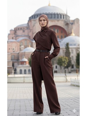 Ru Collective Kadın Uzun Kollu Şal Detaylı Bluz ve Pantolon Kemer Dahil Ikili Takım