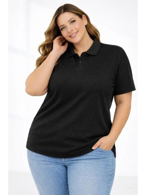 Ru Collective Pike Kumaş Düğmeli Yaka Battal Büyük Beden Günlük Kısa Kol Tişört T-Shirt - Siyah