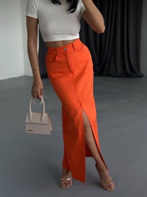 Ru Collective Gabardin Uzun Önden Yırtmaçlı Etek - Turuncu