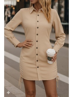 Ru Collective Kadın Uzun Kollu Gömlek Yaka Önden Düğmeli Yanlardan Büzgülü Kısa Aerobin Elbise