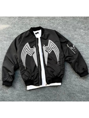 Ru Collective Tam Fermuarlı Uzun Kol Baskılı Bomber Ceket - Siyah