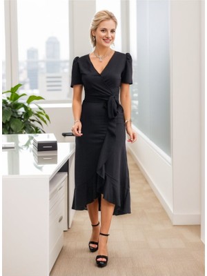 Ru Collective Kadın Kruvaze Yaka Midi Boy Kuşaklı Krep Elbise 120 cm