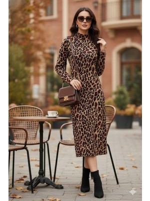 Ru Collective Kadın Uzun Kollu Balıkçı Yaka Leopar Desenli Midi Boy Elbise