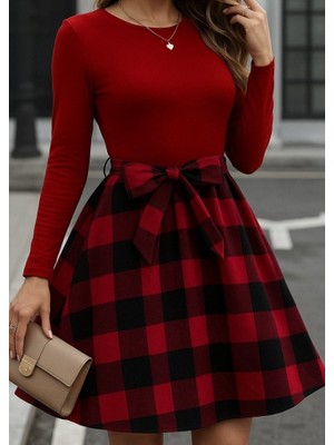 Ru Collective Kadın Uzun Kollu Bisiklet Yaka Üst Viskon Alt Ekose Kısa Elbise