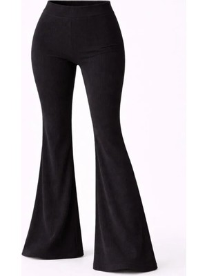 Ru Collective Fitilli Kaşkorse Ispanyol Paça Tayt Yüksek Bel Esnek Günlük Rahat Pantolon - Siyah