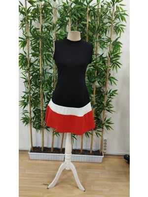 Ru Collective Kadın Sıfır Kol Yarı Balıkçı Yaka Şerit Detaylı Ithal Krep Elbise