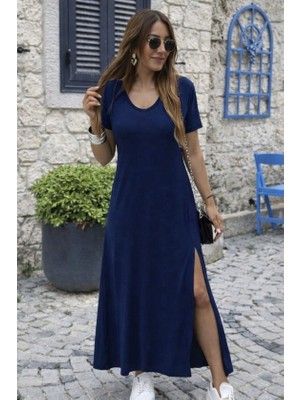 Ru Collective Kadın Kısa Kollu V Yakalı Maksi Boy Viskon Elbise