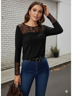 Ru Collective Kadın Uzun Kollu Bisiklet Yaka Dantel Detaylı Burgu Bluz
