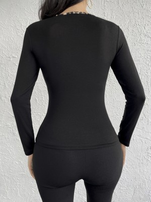 Ru Collective Kadın Uzun Kollu Leopar Şeritli Viskon Bluz