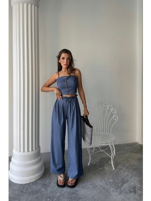 Ru Collective Tencel Crop Askılı Bluz - Şalvar Pantolon Tk - Indigo