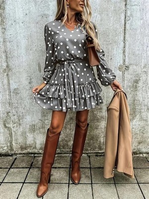 Ru Collective Kadın Uzun Kollu V Yakalı Belden Kuşaklı Puantiyeli Mini Modal Elbise