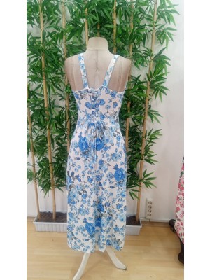 MiraLive Kadın Askılı Geniş V Yakalı Sırttan Bağlamalı Yırtmaçlı Süprem Elbise