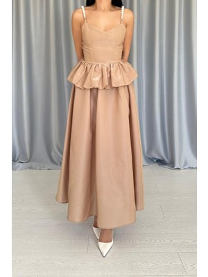 Ru Collective Camel Beli Büzgülü Inci Askılı Uzun Elbise