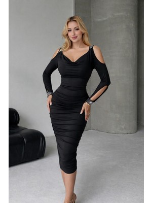 Ru Collective Kadın Omuzlardan Açık Uzun Kollu Taşlı Degaje Yakalı Sandy Midi Elbise