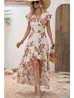 Ru Collective Kadın Kısa Kollu Kruvaze Yakalı Önü Asimetrik Detaylı Uzun Çiçek Desenli Süprem Elbise