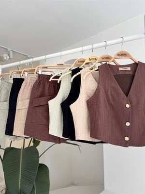 Ru Collective Mini Yelekli Şortlu Keten Takım 10176-08