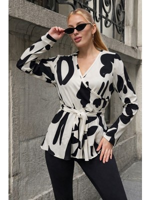 Ru Collective Kadın Uzun Kollu Kruvaze Yakalı Yandan Bağlamalı Kısa Beli Kuşaklı Modal Bluz