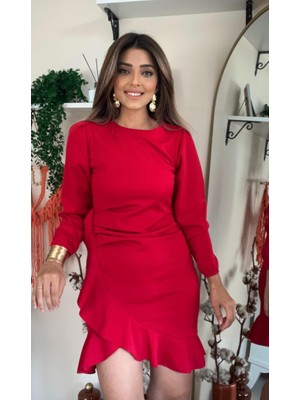 Ru Collective Kadın Uzun Kollu Bisiklet Yaka Önden Volanlı Ithal Krep Elbise
