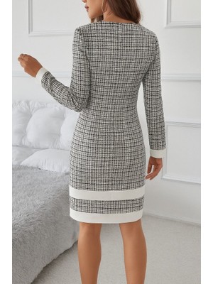 Ru Collective Kadın Uzun Kollu Yuvarlak Yaka Etek Ucu Şerit Detaylı Mini Dokuma Elbise