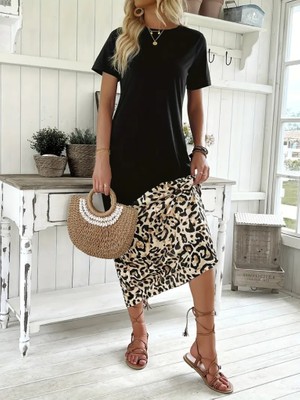 Ru Collective Kadın Kısa Kollu Bisiklet Yaka Leopar Detaylı Midi Üst Viskon Alt Süprem Elbise