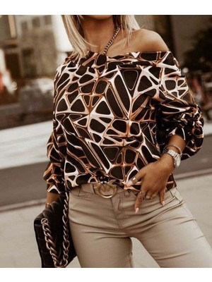 Ru Collective Kadın Uzun Kollu V Yaka Düşük Omuz Geometrik Desen Şardonlu Dalgıç Bluz