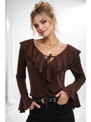 ribana Kadın V Yaka Fırfır Detaylı Uzun Kollu Crop Trend Bluz 979