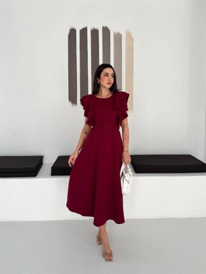 Ru Collective Kadın Bisiklet Yaka Kollar Fırfırlı Kemer Dahil Double Kumaş Midiboy Elbise