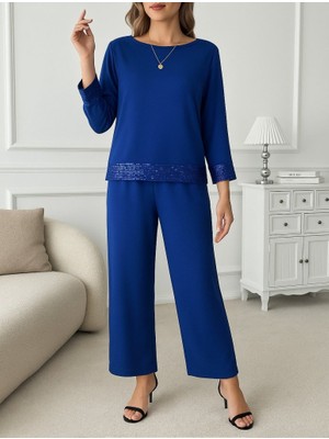 Ru Collective Kadın Uzun Kollu Bisiklet Yaka Pulpayetli Viskon Iki Iplik Bluz ve Pantolon Ikili Takım